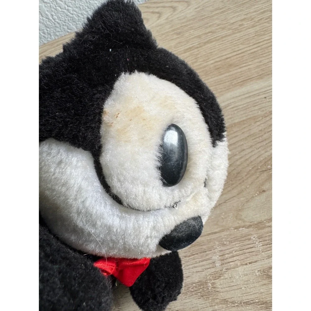 Felix the Cat Plush Stuffed Animal A&A Amusement Red Bow Vintage 7 inch Stained